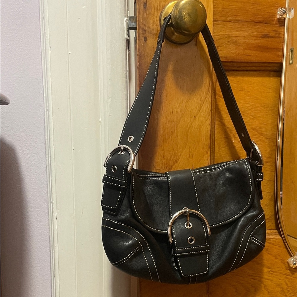 Coach Black Leather Shoulder Bag with Buckle Detail